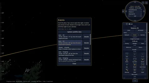 The Events list in Night Atlas for Newton, Kansas, with an International Space Station pass selected and its path drawn as a gold line across the sky.