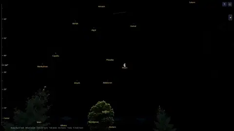 A crescent Moon in Night Atlas near the Pleiades and Aldebaran, with Saturn high in the sky and Mars low on the horizon, over oak and pine trees.