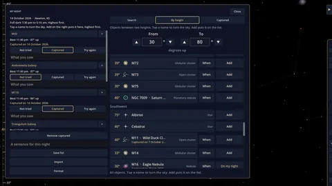 The My night planner in Night Atlas for Newton, Kansas, showing a list of objects between 30 and 80 degrees up, with Add buttons and a Save list button.