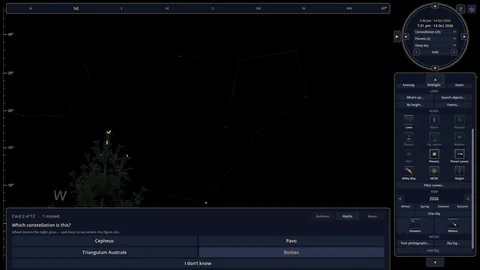 A Star Camp flash card in Night Atlas, card 2 of 12, asking which constellation is shown, with four answer choices and a tree on the horizon.