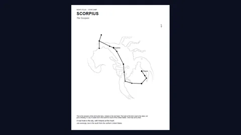 A printable black-and-white Night Atlas sheet of Scorpius, the Scorpion, with its stars, Antares and Shaula labeled, a faint drawing of the scorpion, and a short note about it.
