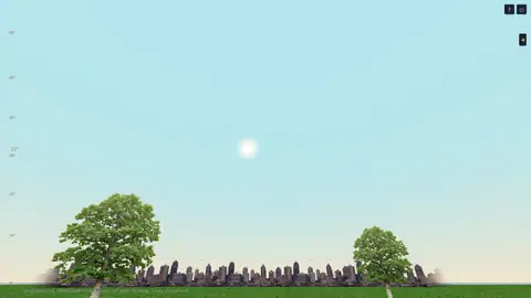 A pale sun disc in a daytime sky in Night Atlas, above two oak trees and a distant city skyline.