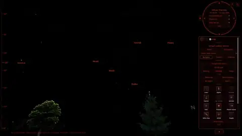 Night Atlas in night vision, with red menus, a red clock, and red star names over the Big Dipper, an oak, and a pine.