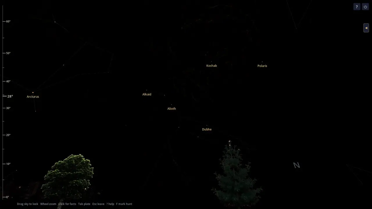 Night Atlas showing the Big Dipper, with Alkaid, Alioth, and Dubhe, plus Arcturus, Kochab, and Polaris, over an oak and a pine at the Great Lakes shore.